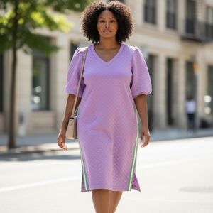 Mary Square Stacy Quilted Puff Sleeve Dress Purple Green Stripe Size XL